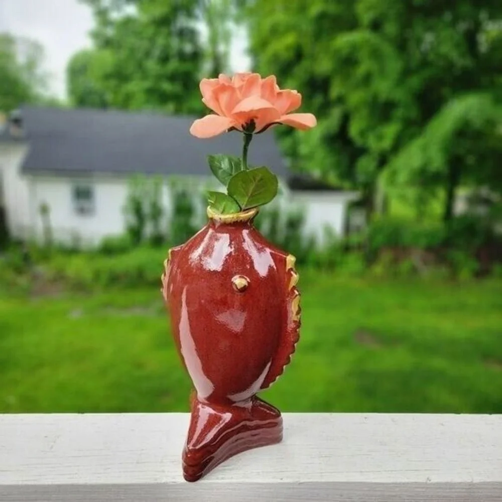 Vintage Pottery Nautical Fish Shaped Vase‎ Terracotta 13.5in Tall